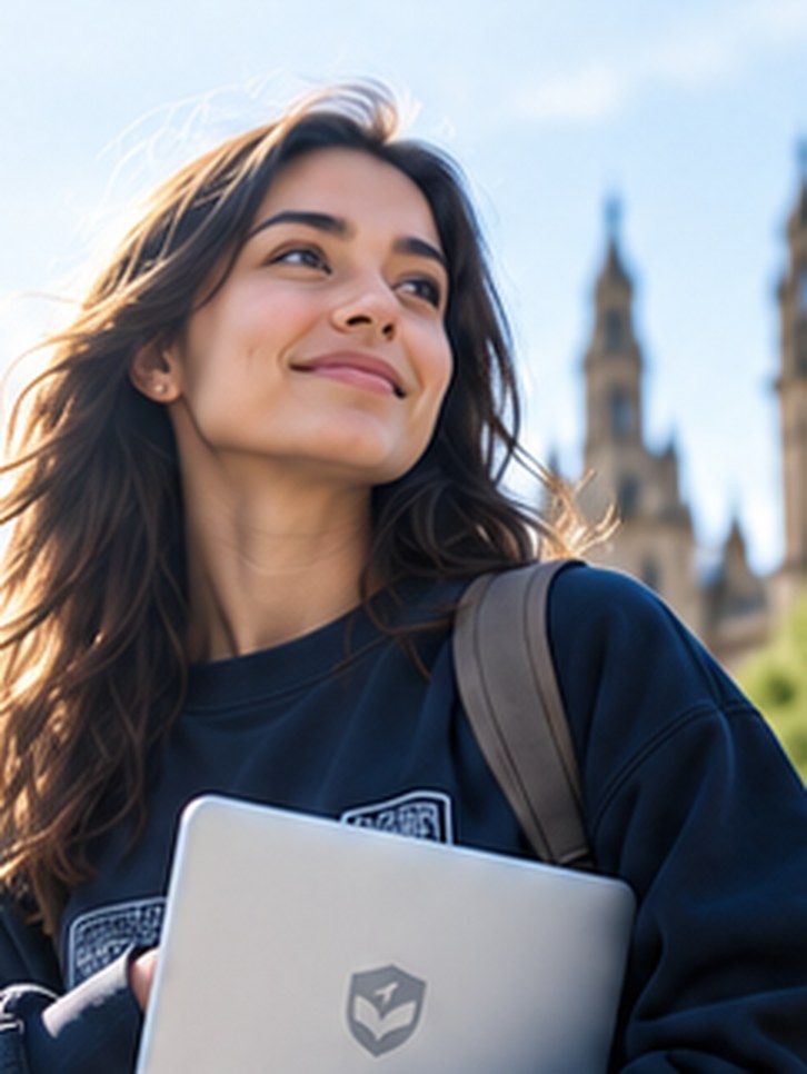 Smiling student in front of a university campus